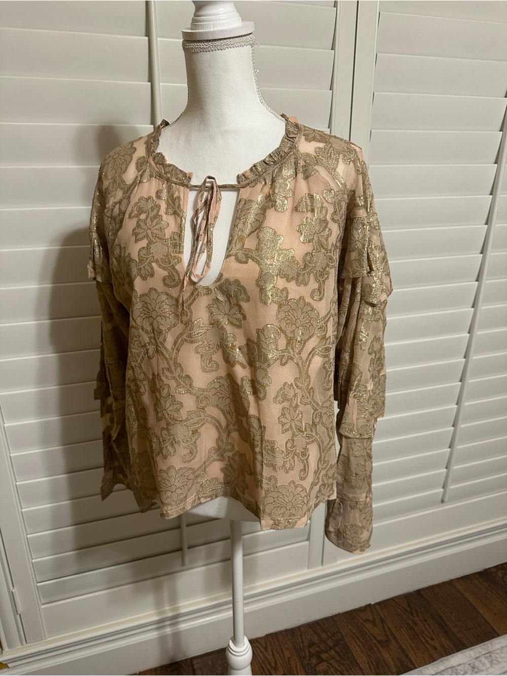 VENUS Beige Blouse with Gold Lace Overlay